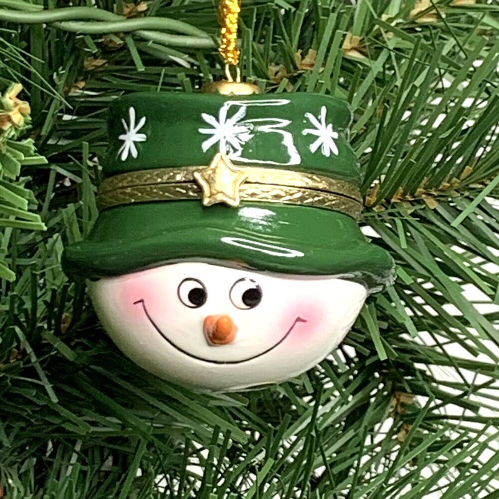 Snowman Green Hat Porcelain Hinged Surprise Gift Trinket Box Christmas Ornament